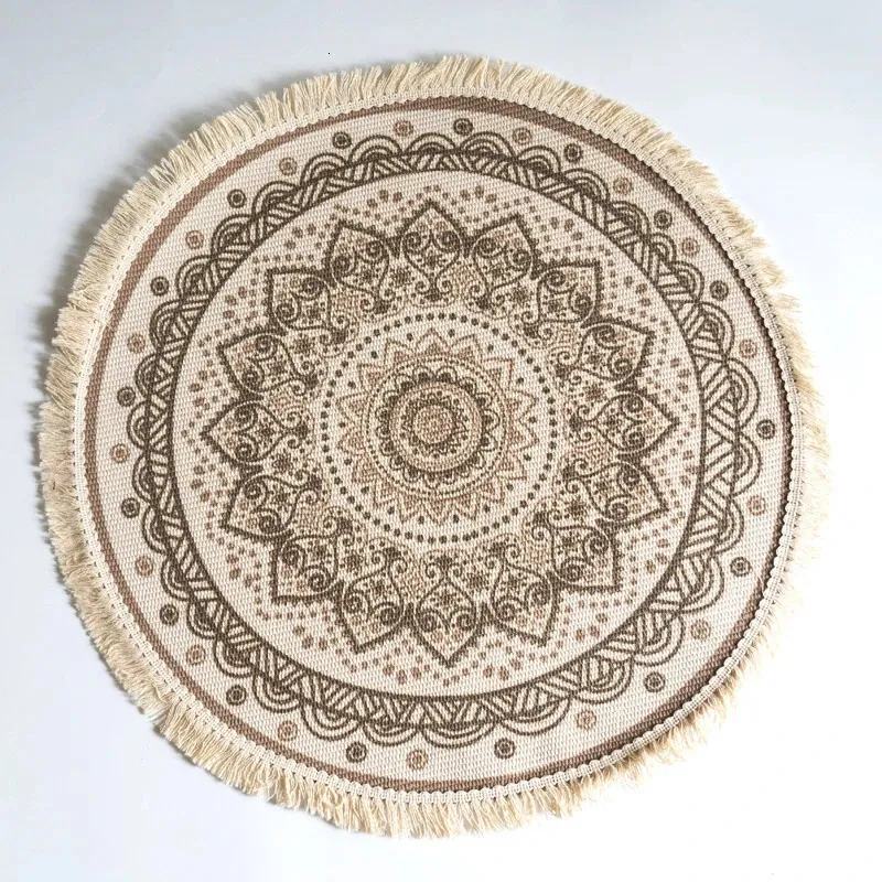 Nordyckie okrągłe dywaniki dywaniki boho etniczna mandala dywan Tassel do salonu bawełniany lniany dywan nowoczesny klasyczny 90cm maty 240420