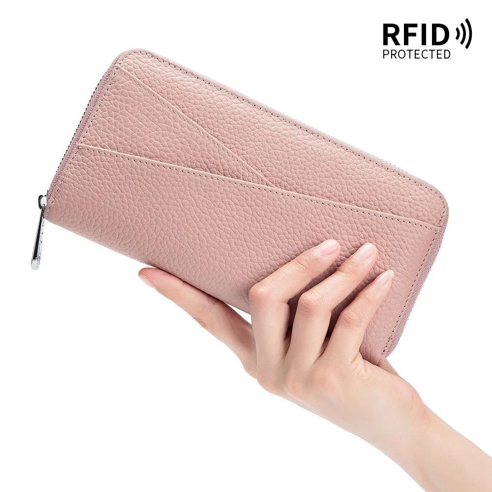 Japanischer Stil echtes Leder langer Brieftasche für Frauen mit großer Kapazität RFID Erste Schicht Cowide Akkordeon -Kartenbeutel Mode Kupplung Mobi