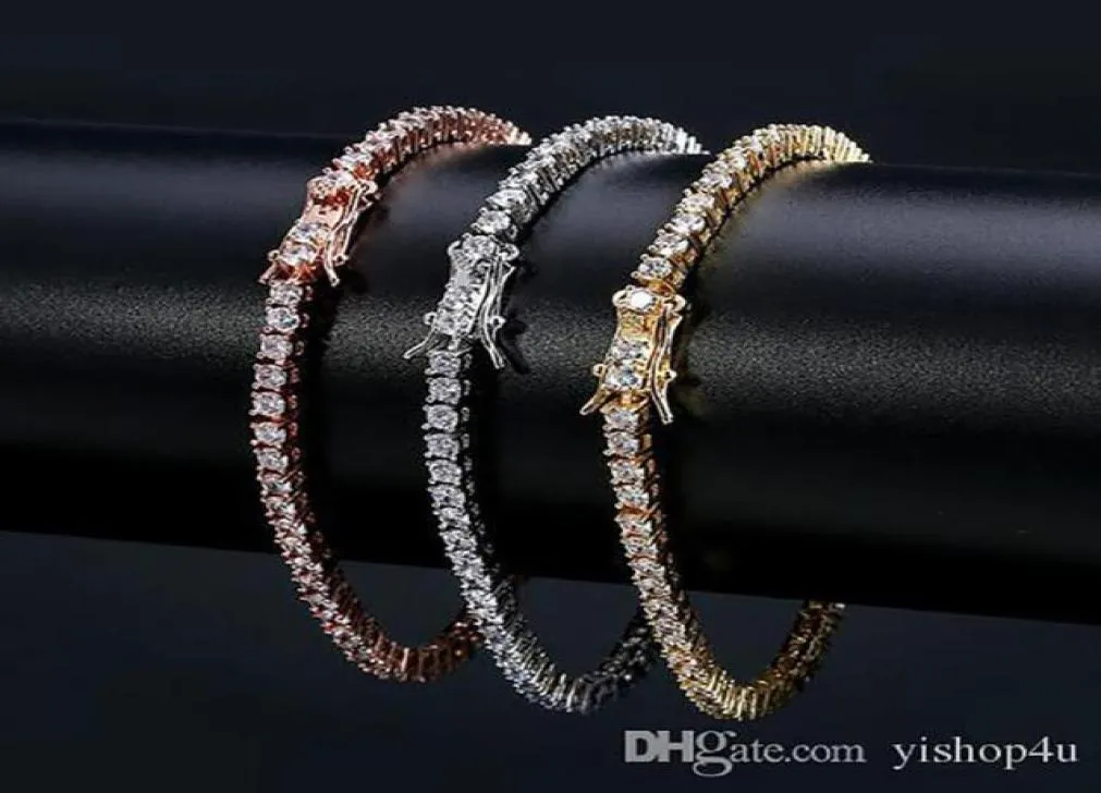 Bracelety tenisowe 3 mm Hip Hop Bracelets CZ utwardzone dla mężczyzn Kobiety Biżuteria Bransoletka Męska Biżuteria Złota Srebrna Rose Gold 7 cali 801259090