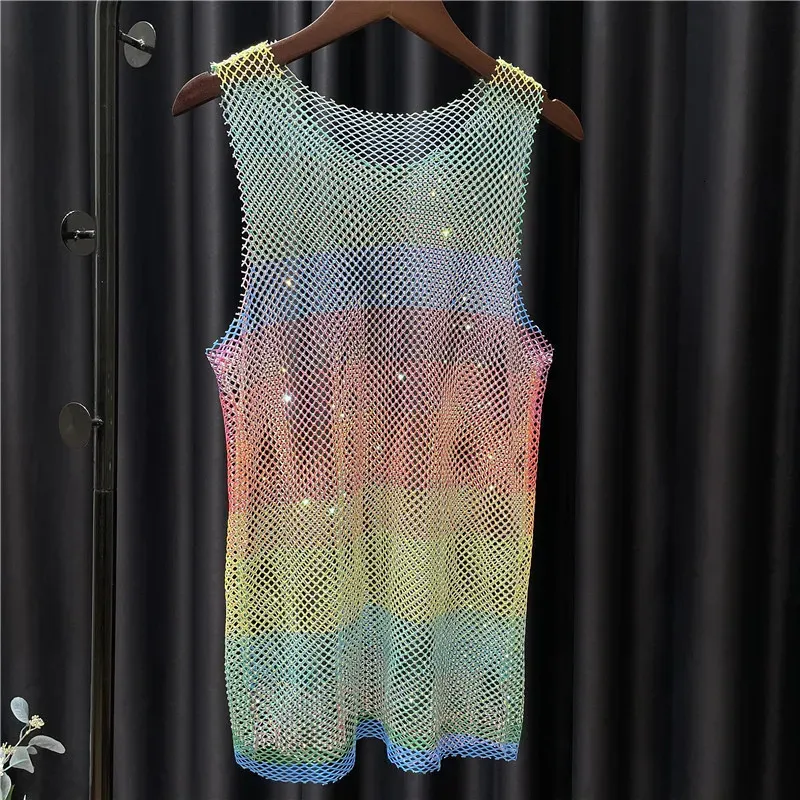 Mężczyźni kobiety Sheer Bling Tank Tops Neon Crystal Rhinestones B lśniące seksowna sheer Y2K Rainbow Vest Party Club Zobacz Mesh Hollow Out Tops 240425