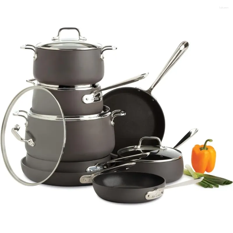 Köksredskap sätter HA1 Hard Anodized Nonstick Set 13 Piece Induktion ugnslickor Safe 500f lock 350f krukor och kokkärl svarta