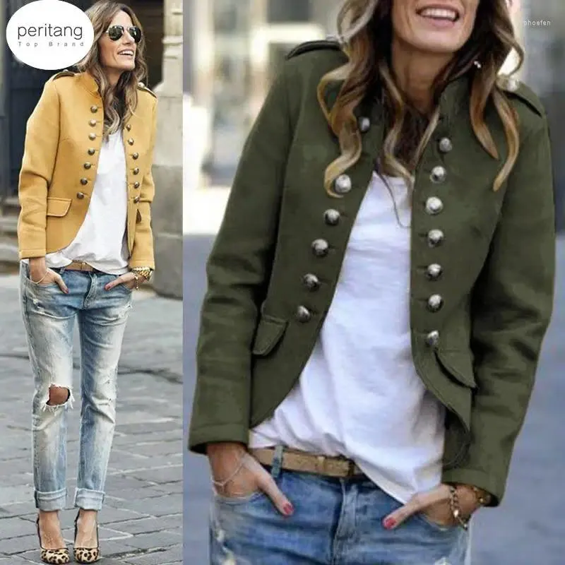 Ternos femininos Blazer mulheres jaquetas de manga comprida Row fivela Autocultivação Terno pequeno LONE AMARELO AMARELO CAPATO ESTILO FEMME MUJER