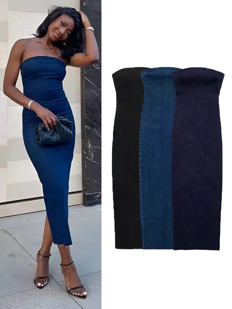 TRAF Off Shoulder Denim Dress Woman Blue Corset Long Dress Women Midi Bodycon Dresses For Women Elegant Party Dresses 240422