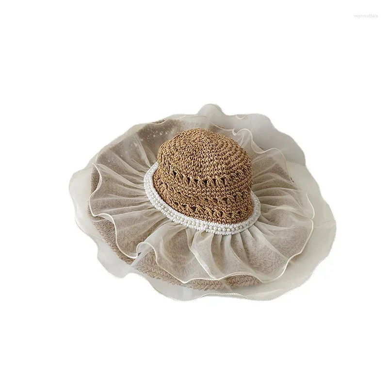 Basker dubbel lager virkning halm sun hatt för kvinnor sommar andas diskett mesh gräl hink resor strand chapeu feminino