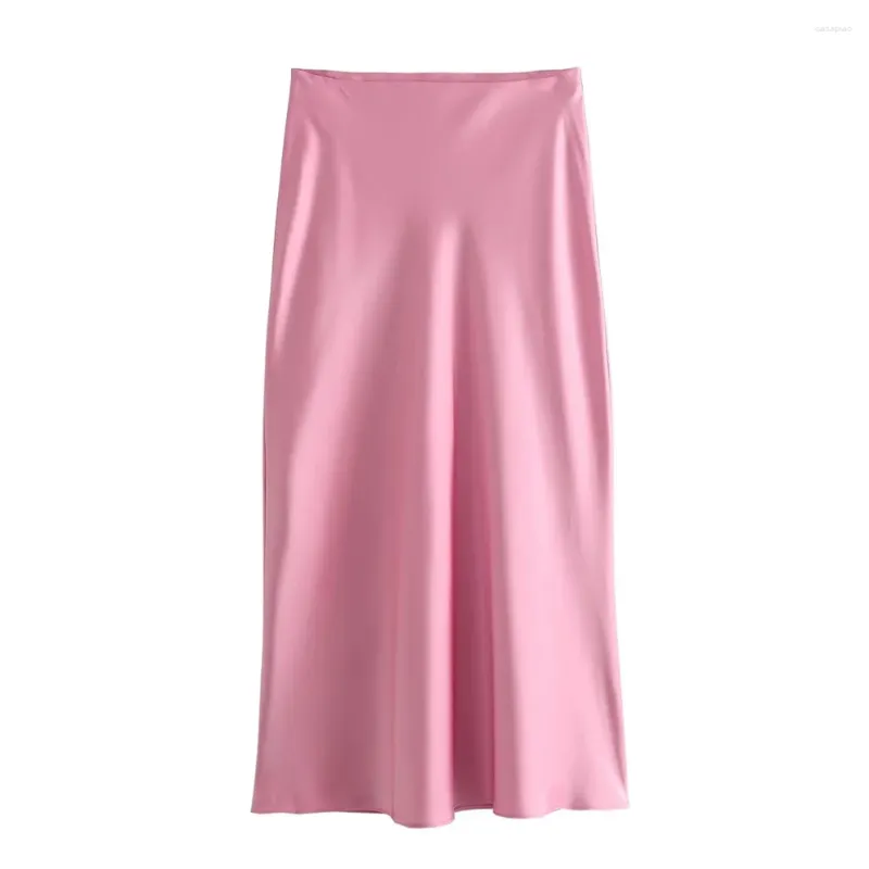 Skirts 2024ZAR Spring/Summer Women's Style High Waist Slim Silk Satin Texture Midi Skirt Wrapped Hip Half