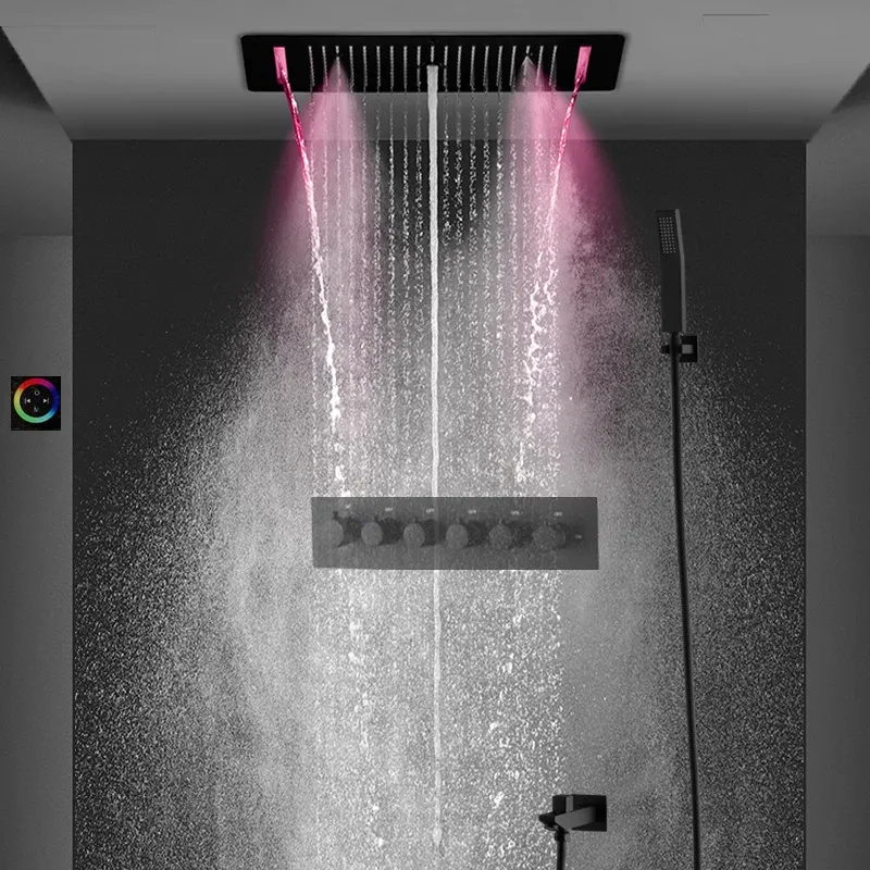 Matt svart infälld termostatisk duschsystem Big Rainfall Column Waterfall Mist Facet Set Screen Touch LED 700x380mm