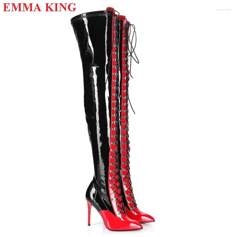 Laarzen winter rood zwart glanzend lederen overknie vrouwen