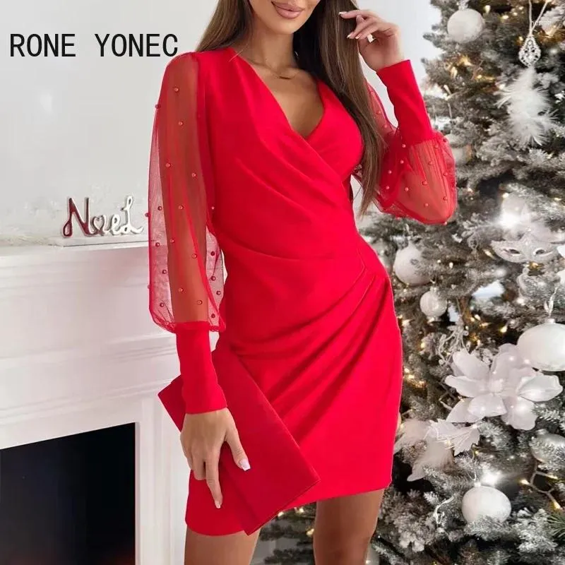 Robes décontractées Femmes transparentes en maille bched Party Mini Robe de Noël rouge