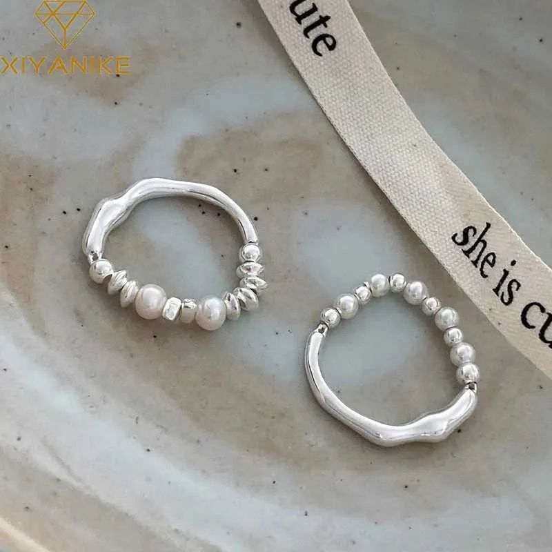 Band Rings Xiyanike Asymmetric Bead Pearl Elastic Rope Ring for Women and Girls Luxury Korean Fashion New Jewelry Gift Party Q240427