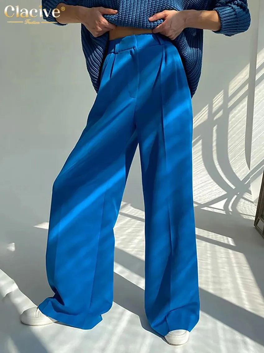 Clacive Blue Office Womens Hosen Fashion Lose Ladies Hosen lässig hohe Taille breite Hosen für Frauen 240420