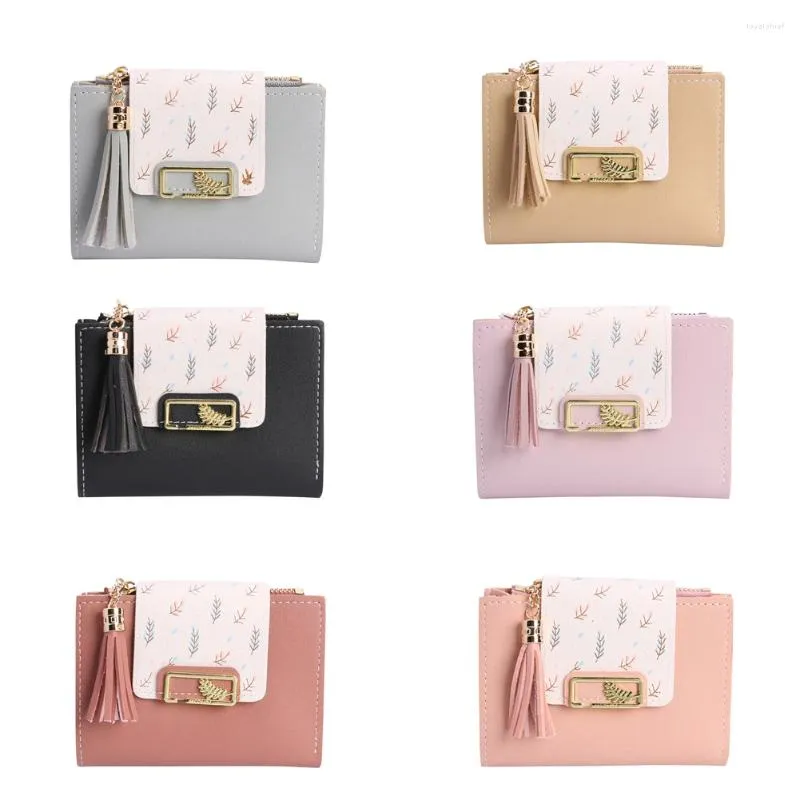 Plånböcker söta kvinnliga korta plånbok pu läder tasslar koppling väska koreansk korthållare vikning liten handväska för resor prydnad