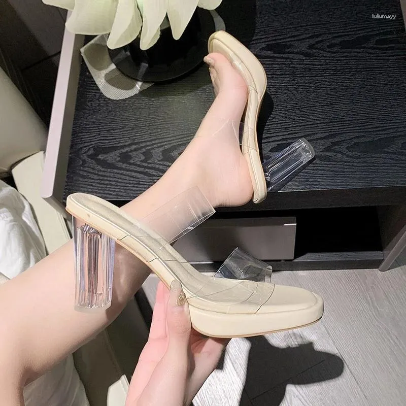 Slippers Transparent Sandals Women High-heeled Shoes Summer Thick-heeled Waterproof Thick-soled Word With Crystal Heel Cool