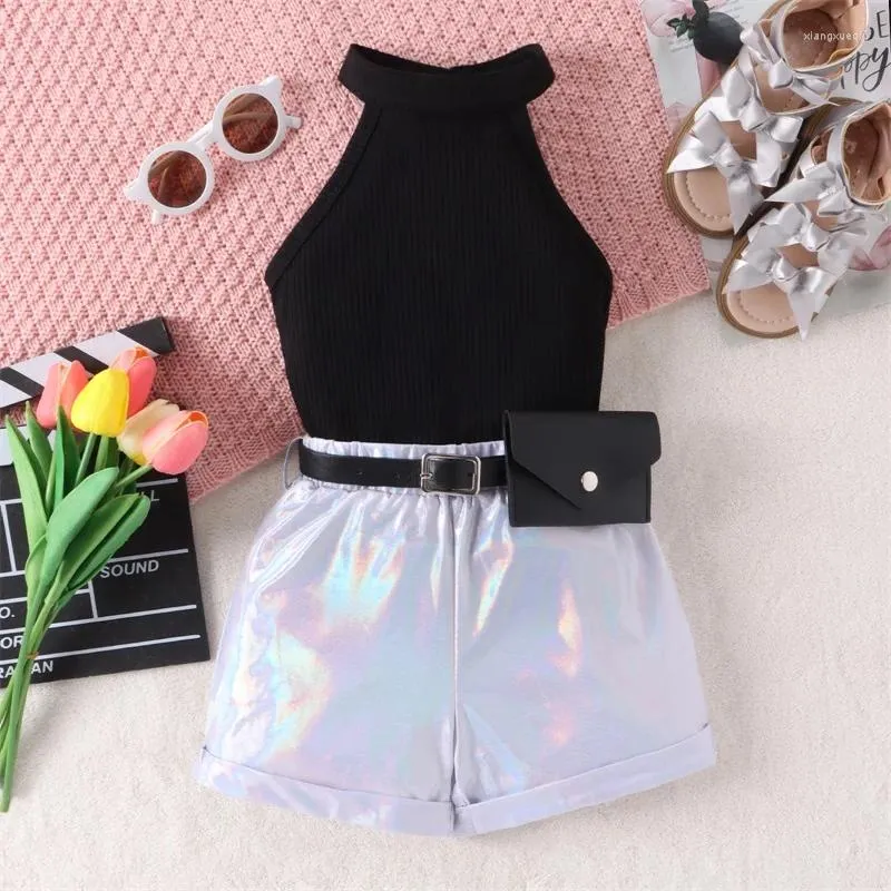 Clothing Sets Kid Girl Summer Clothes Set Sleeveless Rib Knit Halter Tops Holographic Shorts Belt 3Pcs Outfits