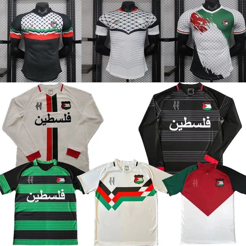 2023 2024 Palestine Football Jersey Black Center Stripe Red Green English Commemorative Football Shirt War 23 24 March Football uniform Long sleeved White black