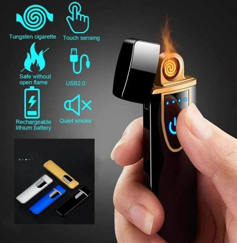 In Stock Portable USB Rechargeable LED Screen Touch Switch Lighters Safety Windproof Flameless Electronic Arc Cigarette Lighter Cu6106108
