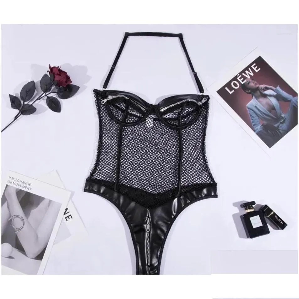 Bras Sets Leosoxs Black Mesh Y Porn Underwear Pu Leather Halter Erotic Lingerie Shapewear Punk Style Open Bra Zipper Intimate Kit Drop Otbmr