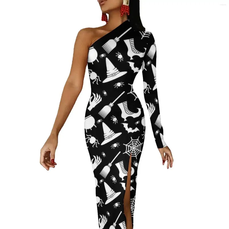 Casual jurken Spooky Halloween bodycon jurk herfst hekserij print schattige hoge spleet lang een schouderontwerpfeest