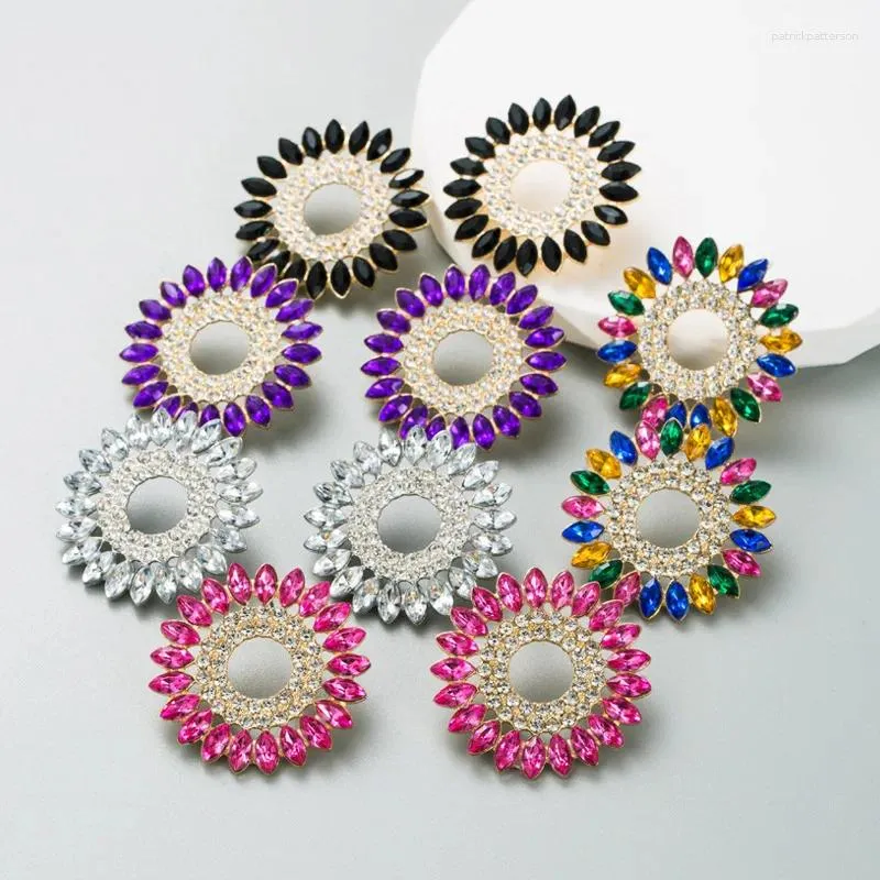 Stud Earrings Multi Colored Stones Crystals Round Big Statement Women Girls Fashion Party Fuchsia