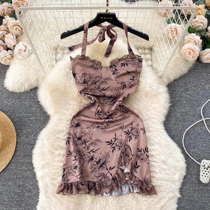 Casual Dresses Women Dress Halter Strapless Printing Backless Summer Falda Sexy Mujer Flounced Edge Sleeveless Vestidos Fashion Drop