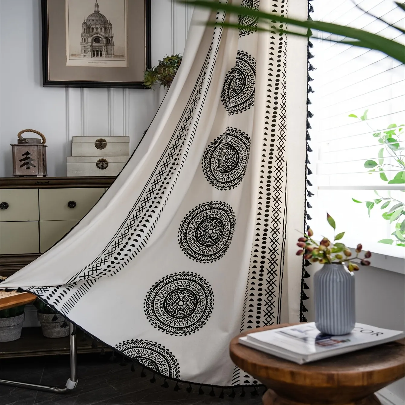 Bohemian Polyester Cotton Curtain semi-blackout, Mandala Geometric Print Farmhouse Style Curtain, adapté pour le salon Bureau Couteille de cuisine 1PC