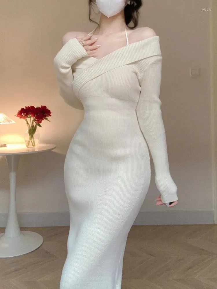 Abiti casual inverno Francia vintage sexy in maglia un pezzo abito da donna fuori spalla y2k abiti da moda femminile eleganti 2024