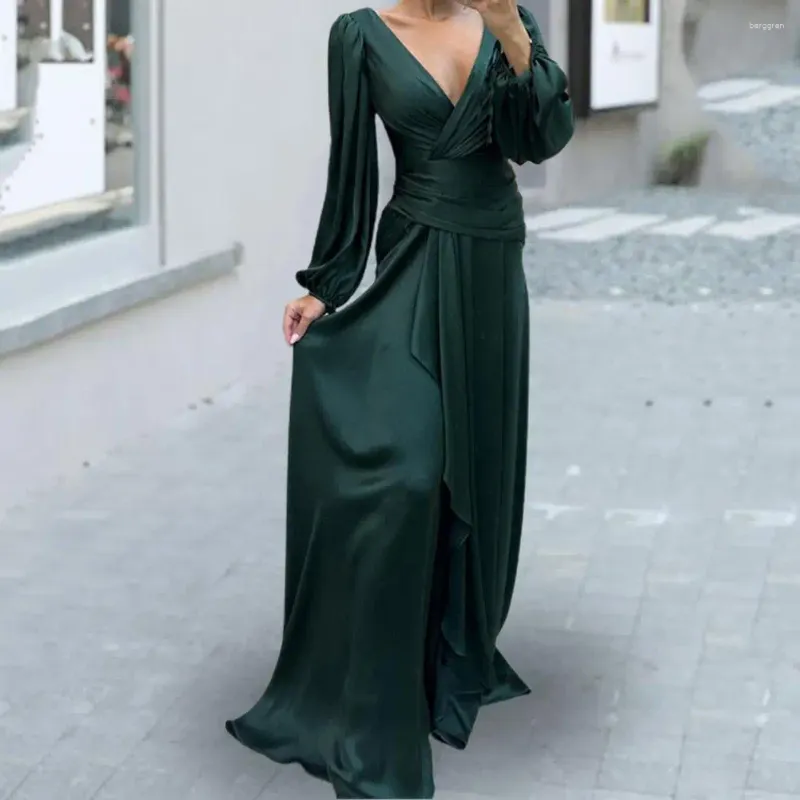 Women's Solid Color Banquet Dress, V-neck Long Lantern Sleeves Wrap Chest  Waist Tight Skirt Evening Dress