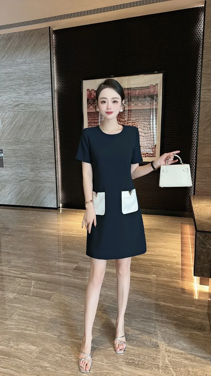 Little Black Dress 2024 Zomer Nieuwe Western Round Round Neck Office Worker A-Line Skirt Leeftijd Reducerende kleding voor vrouwen