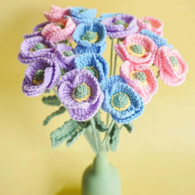Decorative Flowers Knited Flower Hand-knitted Artificial Bouquet DIY Woven Crochet Wedding Party Home Decor Valentine's Day Gift