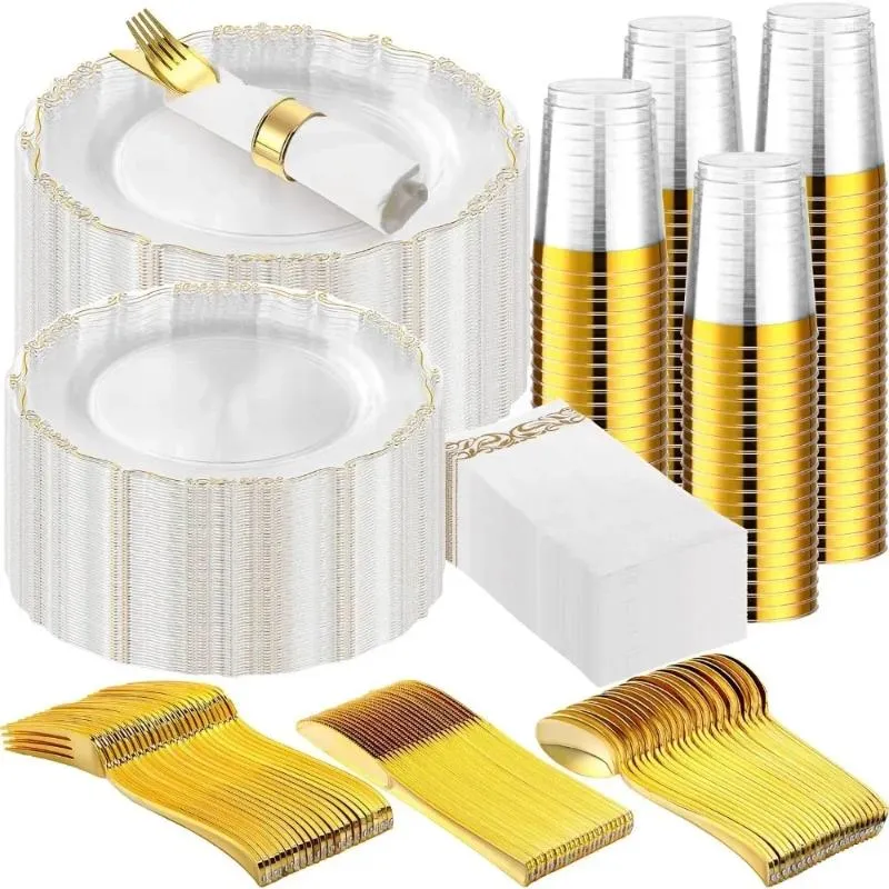 Plaques 700 PCS Gold Plastic Cutlery Set Disposable Bulk Clear Rim Fournitures invitées Mariage et Pany Birthday Party Varelle