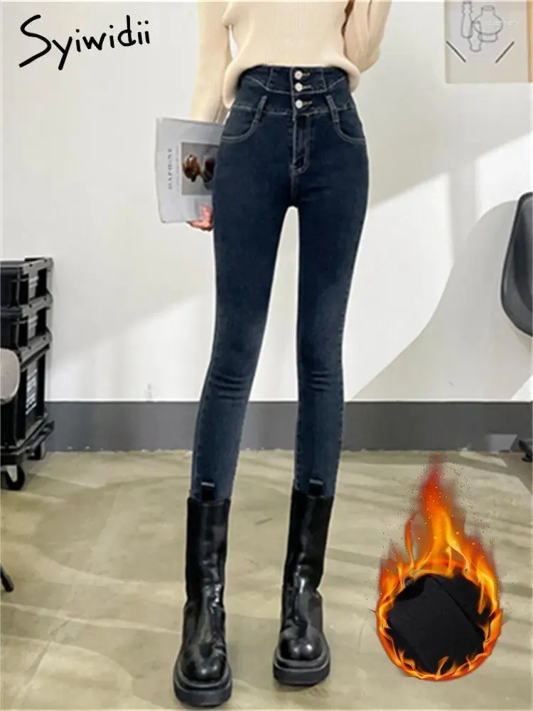 سراويل جينز للسيدات Syiwidii ​​Velvet للنساء عالية الخصر سراويل الدفء الدافئة 3 أزرار أعلى الموضة الكورية تمتد نحيل نحيفة