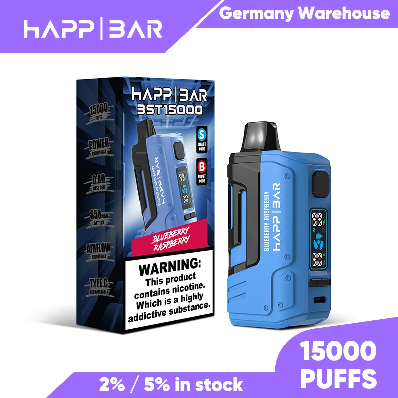 Bar Happ d'origine 15000 15K Puffes 850mAh Type-C Type-C 25 ml Pod préfabillé 2% 5% Cigarettes E jetables Vaper 12000 Puff 16K 18000 Aware German