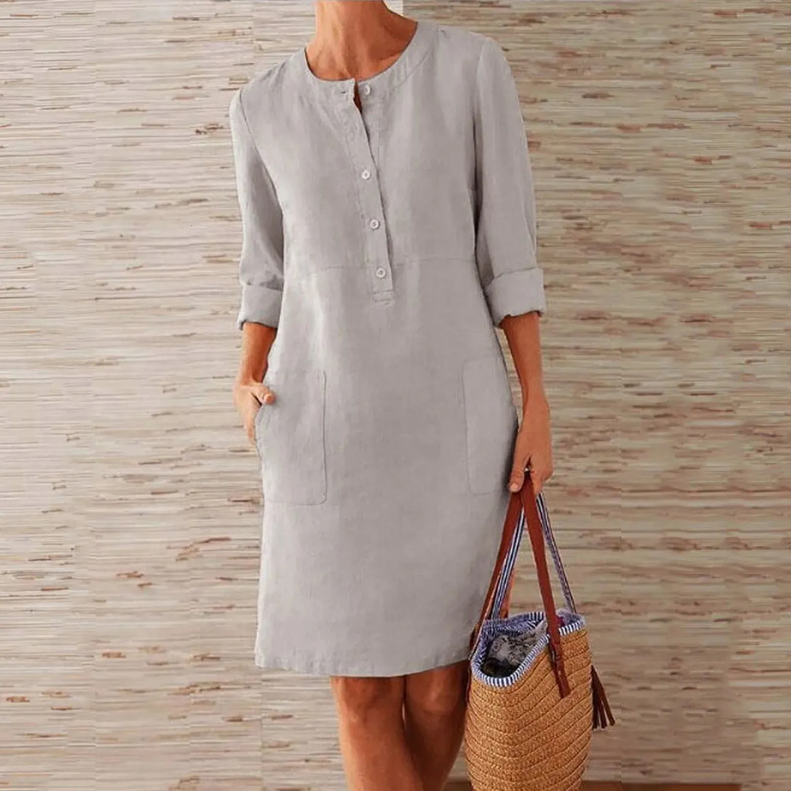 Boho Linen Linen Dress Women for Women - Round Neck, Knee-Length, Loose Fit with Button Detail - Elegant Fashion Beach Sundress (Vestido 240415)