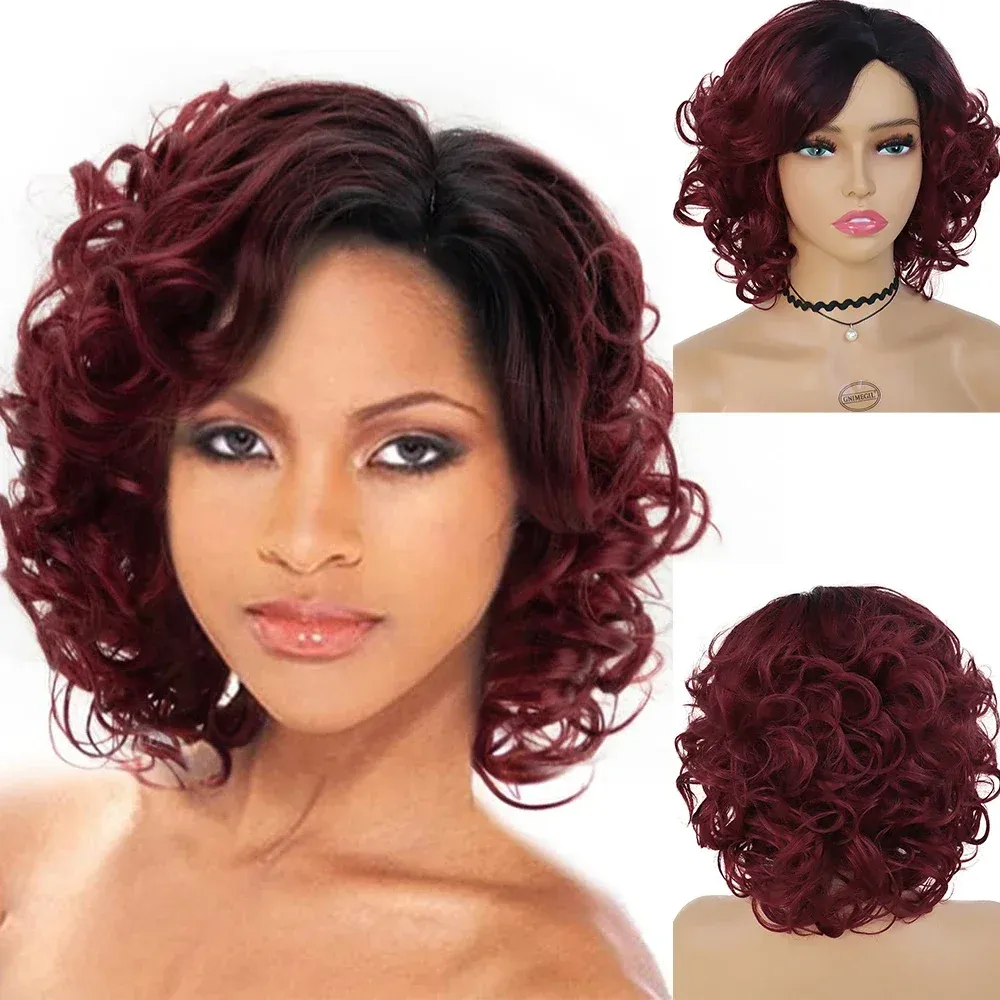 Peruki gnimegil syntetyczne włosy afro peruka perwersyjne peruki dla czarnych kobiet krótkie fryzura wino czerwona ombre peruka ciemne korzenie miękkie włosy bob peruka