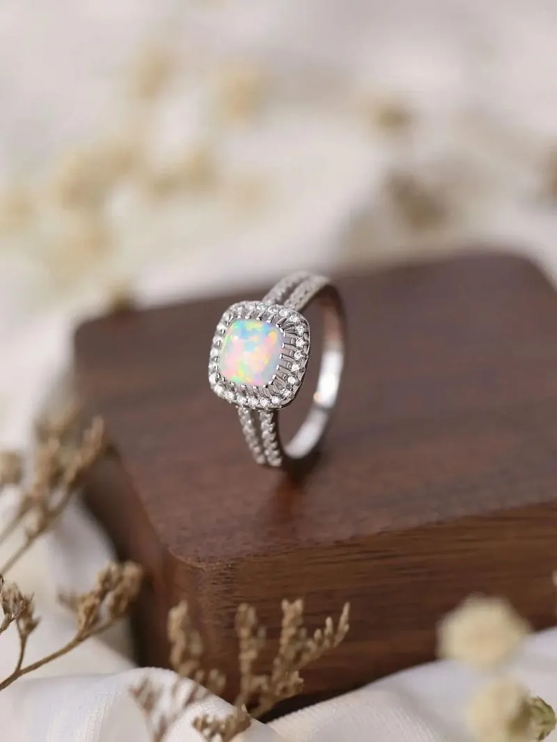 Cluster Rings Double Layer Pure 925 Silver Women's Ring Inlaid With 2 Row Of Zircon And A Square Dazzling Opal Exquisite Style For Office