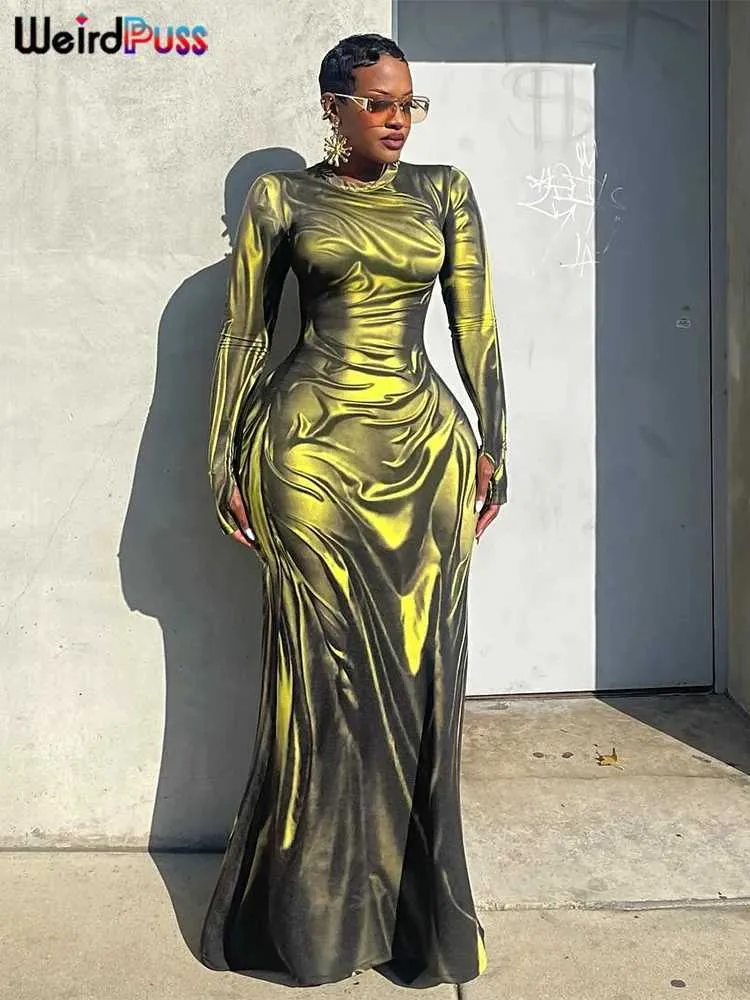 WeirdPuss Metallic Gold Bodycon Maxi Dress With Long... From Tomato_lele,  $10.86 | DHgate.Com