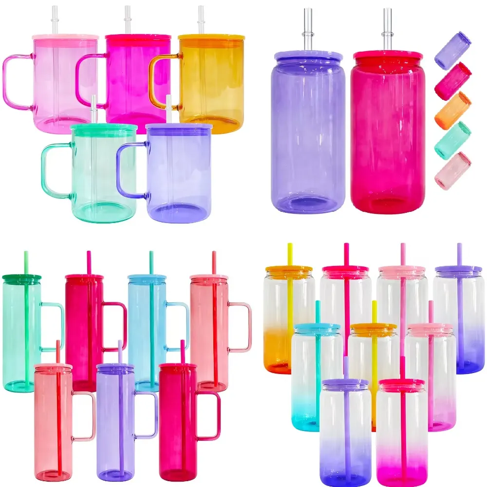 Bulk all'ingrosso Bulk da 16 once colorato di sublimazione vuoto Borosilicato in vetro trasparente lattina in bicchiere di bicchiere di vetro elegante