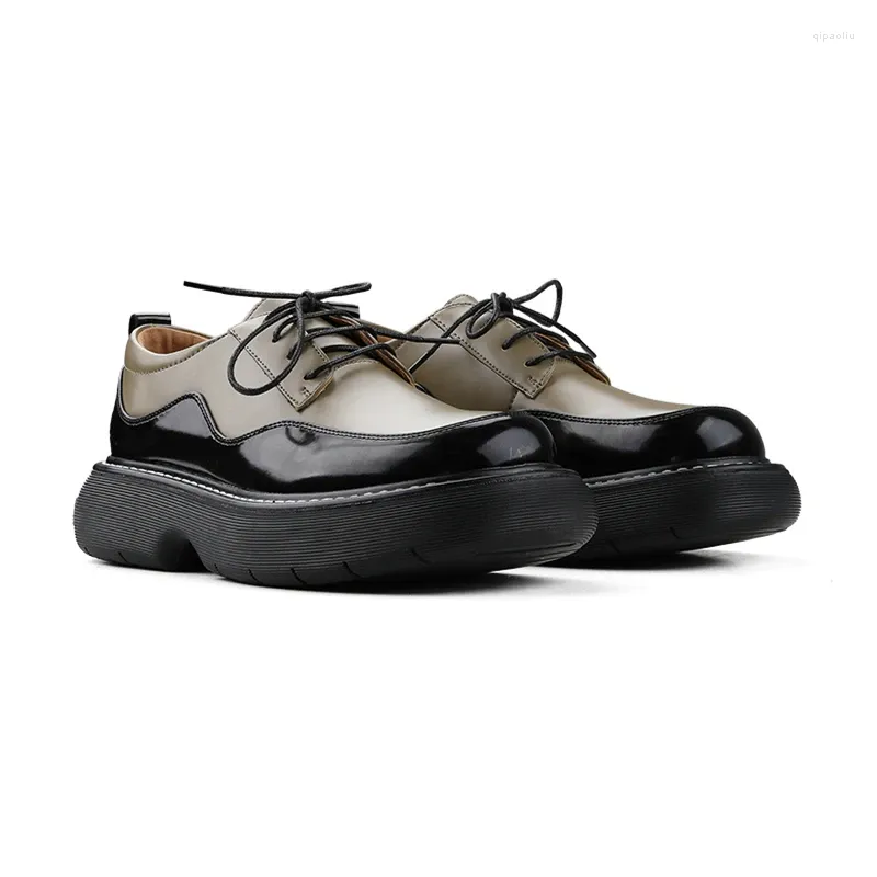 Casual Shoes Ruffian Style Men's Thick-sole Lace-up Oxfords Trendy Man Mixed Colors Leather Big Round Toe Modern