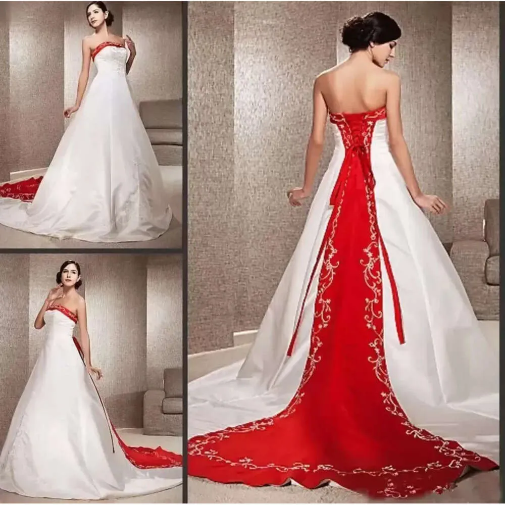 En vintage witte strapless een lijn rode jurken kapel trein satijnen trouwjurk met borduurwerk kralen plus size bruidsjurken beden