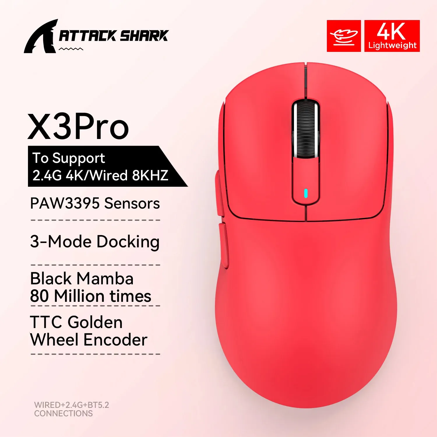 Attaquez Shark X3RRO Mode câblé 8KHz Bluetooth MousePixart PAW3395 Trimodewired Mode sans 4KHz Lightweight Macro Gaming Mouse 240419