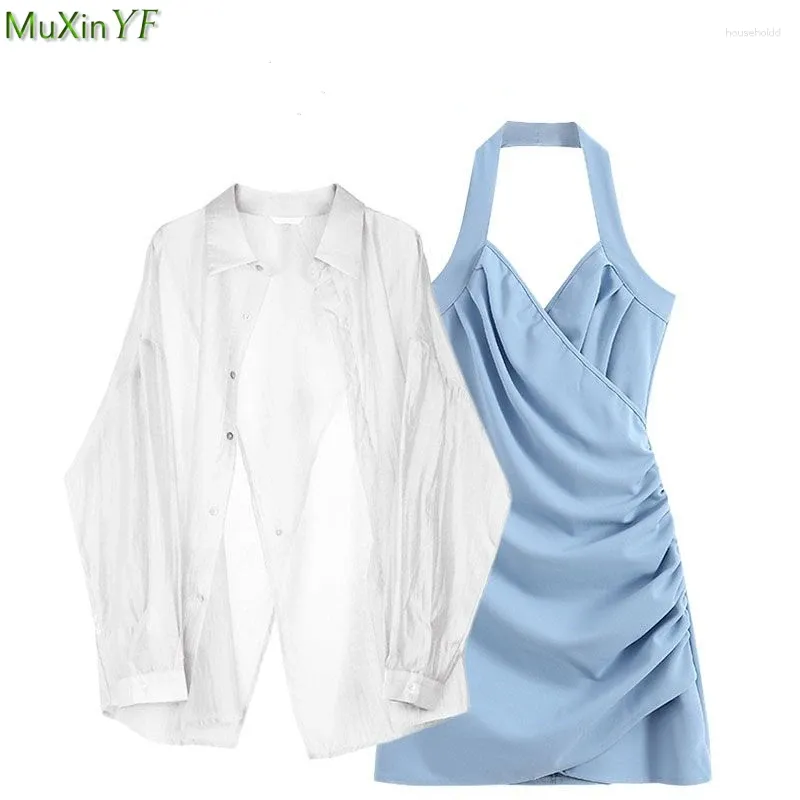 Arbeitskleider 2024 Sommer Frauen sexy Halfterfalten Mini Kleid dünne Sonne Hemden 1 oder 2 Stück Set Lady Split Bluse Anzüge weiße Tops