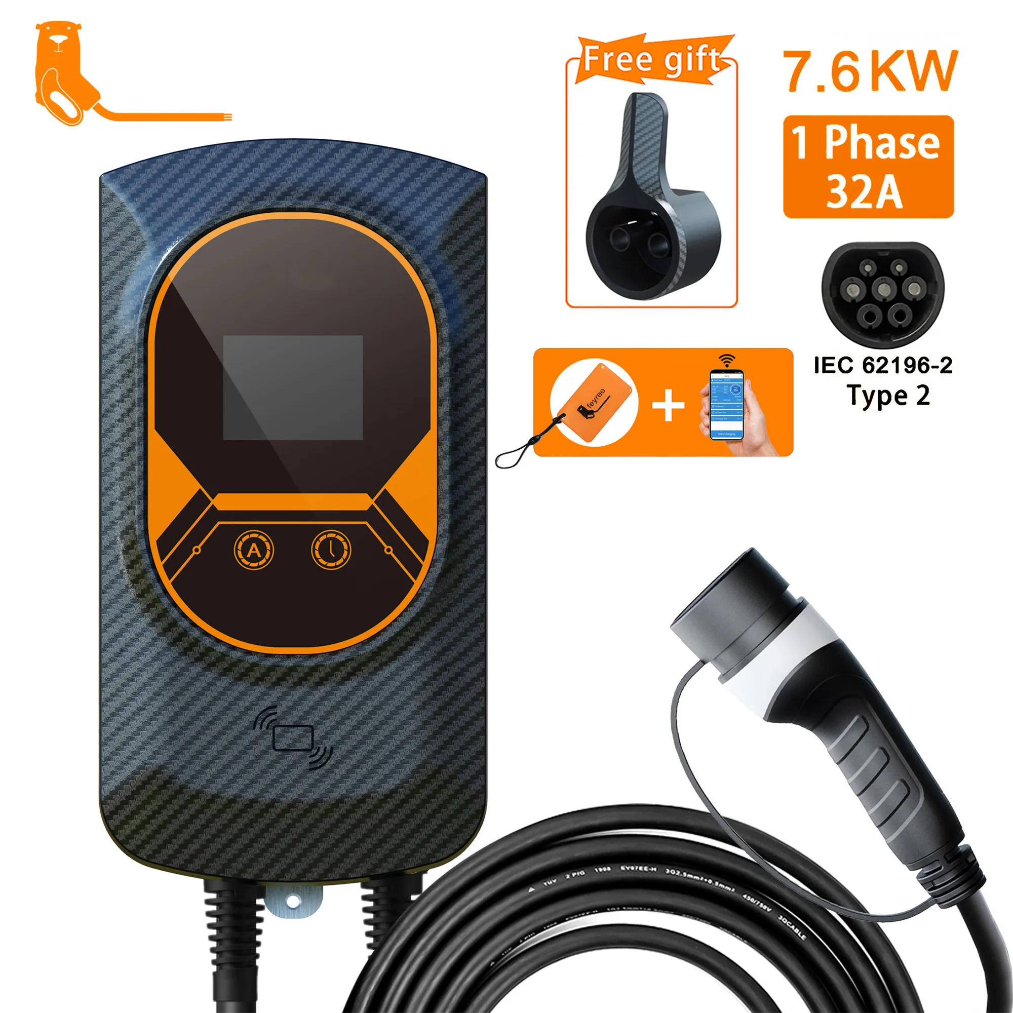 EVSE APP Control Wallbox EV Charger Type2 Cable 32A 7.6KW 1Phase For Electric Vehicle Car Charger 11KW 22KW 3 Phase