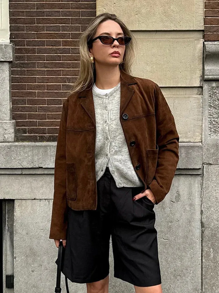 Brown Suede Jacket Womens, Retro Loose Fit Jacket Elegant Short