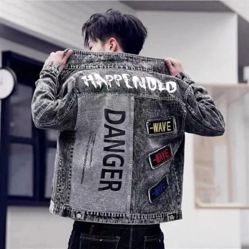 Mens Denim Jacket Patch Autumn with Print Male Jean Coats Spliced Punk Washed Casual Korea of Fabric Vintage Clothing Elatic G 240415