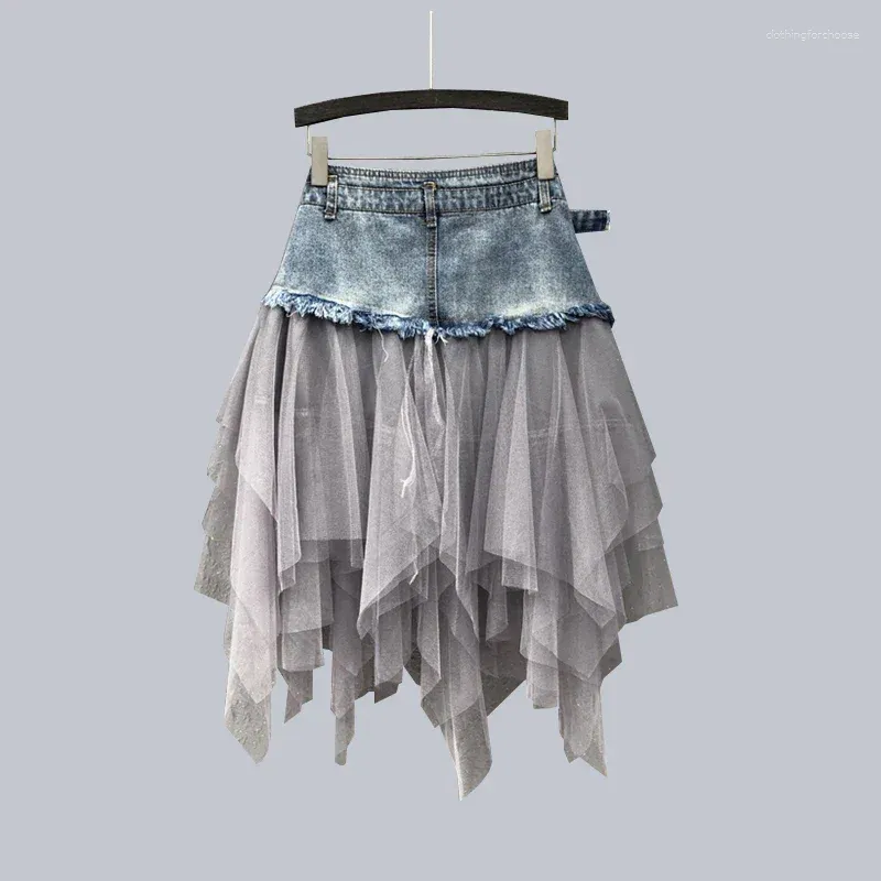 Skirts High Quality Women Denim Mesh Patchwork Lace Skirt Waist A Line Asymmetric Frill Tulle Gothic Chic Faldas Mujer 2024