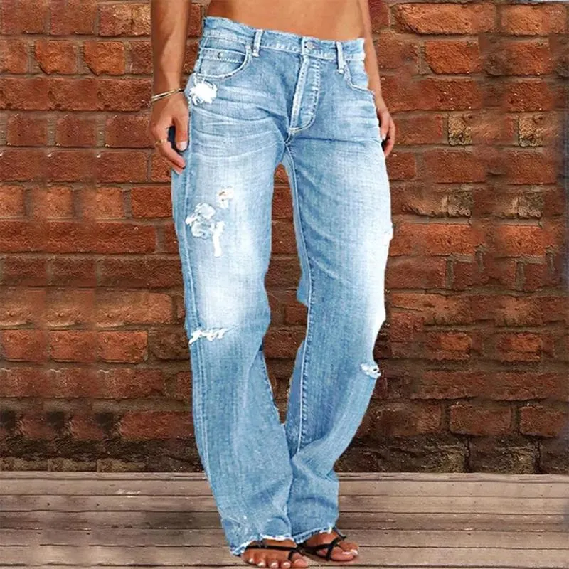 Kvinnors jeans raka ben med hög midja lastbyxor rippade hem låg midja sträcka 90 -talets vintage kläder