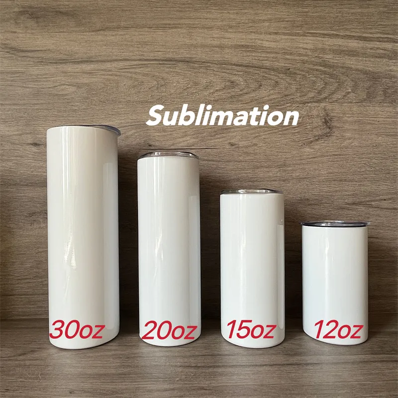 20oz 12oz 15oz 30oz gerade dünner Becher mit Plastikstrohdeckel leere Sublimation Tumbler Doppelwand Vakuum isoliertes Reisetassen Kaffeetassen