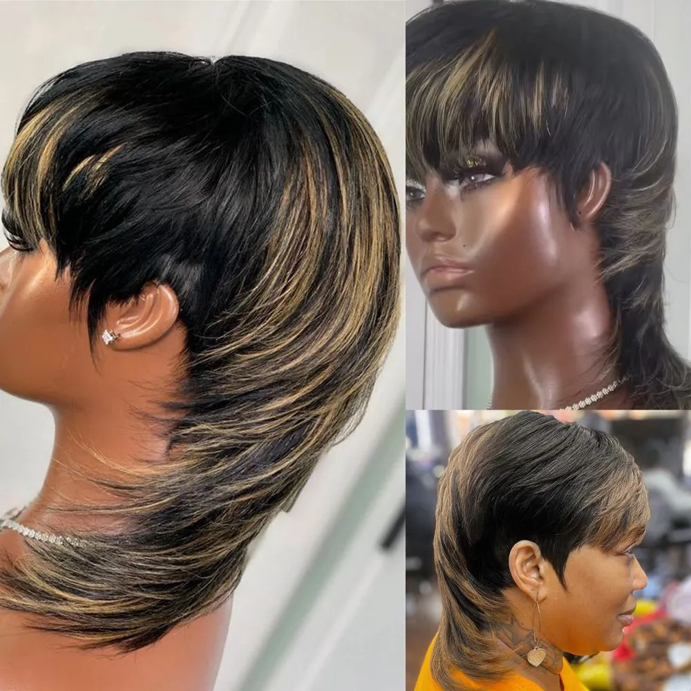Pixie curto corte as perucas de cabelo humano onduladas Mulletcut desgaste sem glue e a máquina cheia de máquina feita com franja peruana Remy Hair