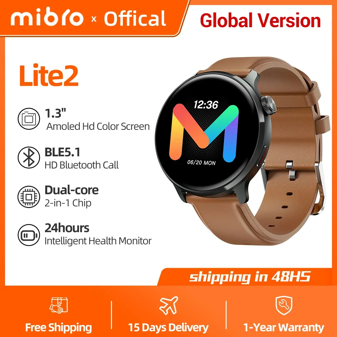 Bekijkt Mibro Lite2 Smartwatch Global Version HD Bluetooth Calling 1.3inch AMOLED -scherm AOD 2Atm Waterproof Sport Men Dames Smart Watch