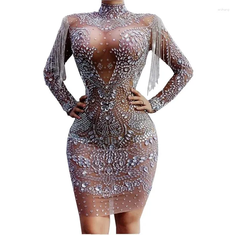 Bühnenverschleiß luxuriöser glänzender Kristalle Mesh Kleid Strasssteine Fransen Party Nachtclub Geburtstag Outfit Sänger Performance Tanz Kostüm