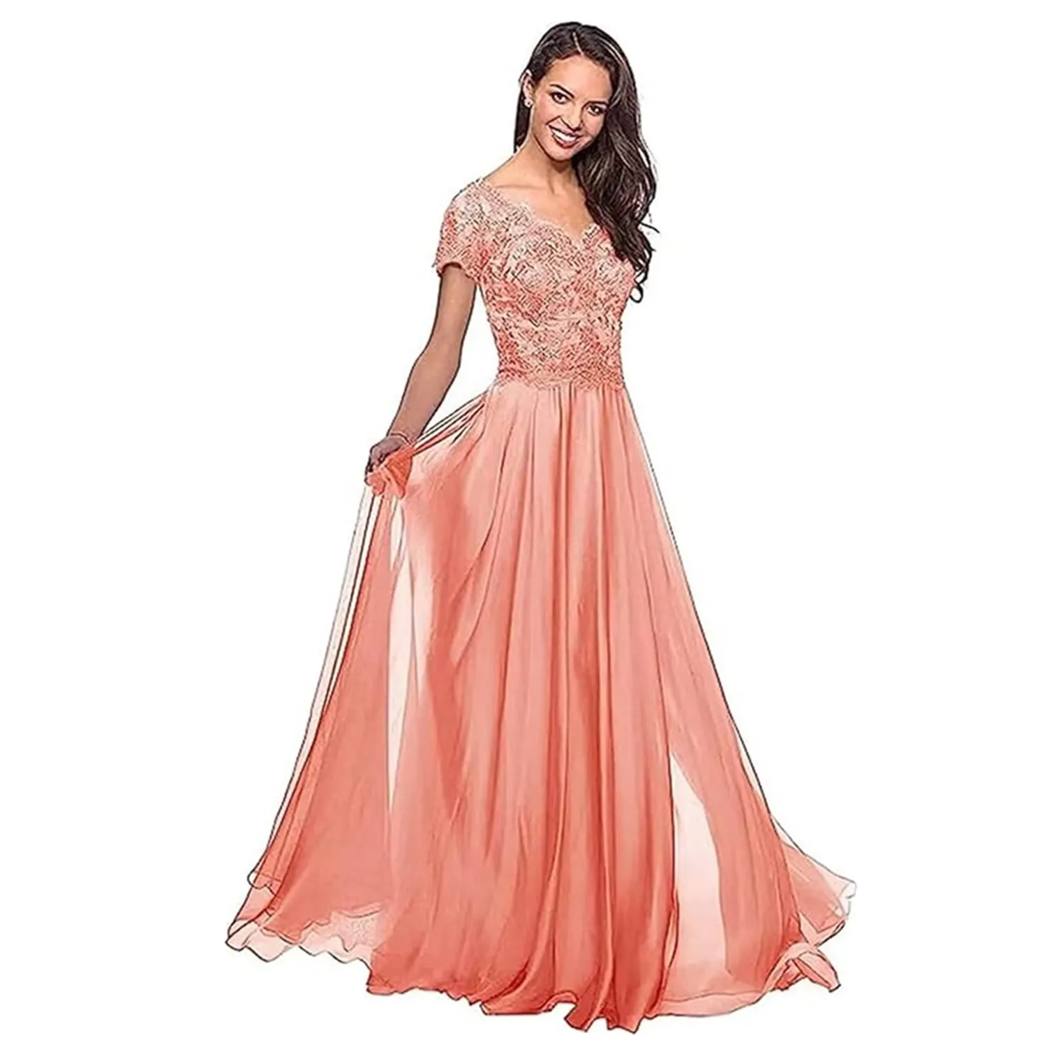 Coral chiffon mother of the bride dress with applique and zipper back,  short capped sleeves, floor-length A-line gown from Dhgate Mother's Dresses  - price 119.6